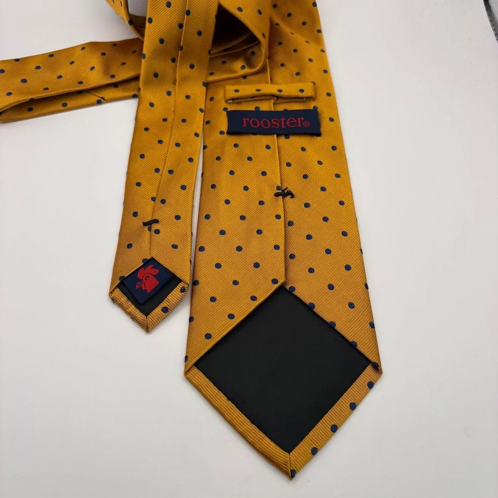 Rooster Mens Silk Necktie‎ Mustard Yellow Blue Polka Dot WPL 13303